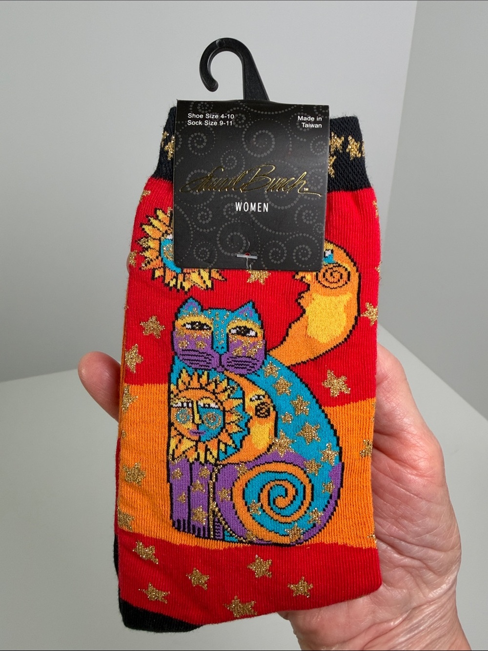 Laurel Burch Vintage Cat Sun Moon Crew Socks Designer Whimsical Stars Boho